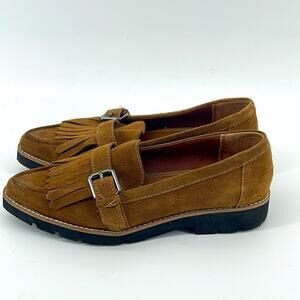 Franco Sarto Darius suede leather pointed toe slip on fringe chunky sole loafer